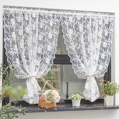 Yaland Weißes Spitze Blumenstickerei Gardine Voile Landhausstil Kurzvorhang Lichtdurchlässig Dekoschal mit Stangendurchzug 1 Stück, HxB 150x130cm von Yaland