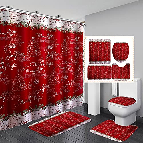 4 STÜCKE Frohe Weihnachten Badezimmerdekoration Weihnachten Badezimmer Duschvorhang Set mit Teppichen, Toilettendeckel Abdeckung Badematte, 3D Xmas Duschvorhang mit 12 Haken, Badezimmer Set von Yalatan