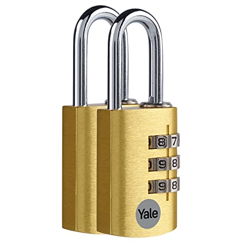 Yale - YE3CB/28/126/2/GO Standard Security 28 mm Aluminium Kombination Vorhängeschloss - Gold - Offener Stahlbügel - 3-Ziffern-Kombinationsschloss, 2er Set von Yale