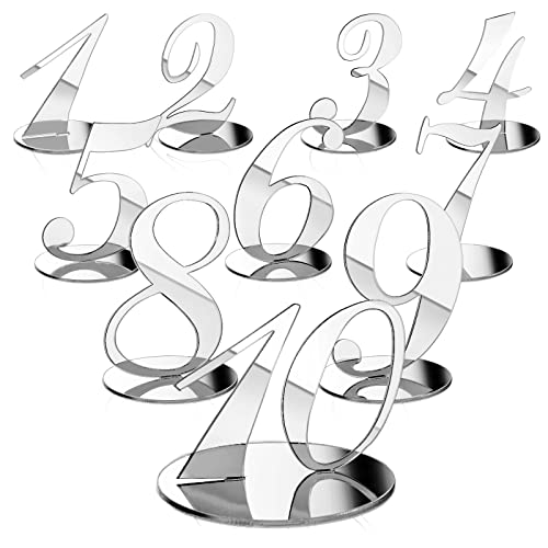 Yalikop Tischnummern für Hochzeit, 1-10, Empfang, Hochzeitsnummern, Schilder mit Halter, eleganter Spiegel, Tischnummer für Verlobung, Party, Geburtstag, Jahrestag, Event, Catering, Silber, 10 Stück von Yalikop