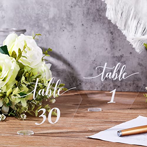 30 Stück Acryl Hochzeit Tischnummern mit Ständer, sechseckig, bedruckt, klares Acryl-Tischnummernhalter, 1-30 Set, Tischnummernschilder für Hochzeit, Empfang, Veranstaltung, Party, Restaurant 30 Stück Acryl Hochzeit Tischnummern mit Ständer, sechseckig, bedruckt, klares Acryl-Tischnummernhalter, 1-30 Set, Tischnummernschilder für Hochzeit, Empfang, Veranstaltung, Party, Restaurant von Yalikop