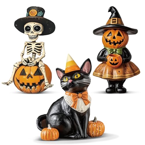 Yalikop 3 Stück Vintage Halloween Holzdekoration Indoor Halloween Holztischschilder Rustikale schwarze Katze Skelett Kürbis Dekor für Mittelstück abgestuftes Tablett Home Regal Bauernhaus Urlaub von Yalikop