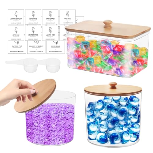 Yallmie 3 Stück Waschmittel Pods Aufbewahrung, Weite Öffnung Plastik Waschpulver Aufbewahrungsbox mit Deckel, Etiketten und Löffeln, Waschmittel Aufbewahrung Waschpulverbehälter Waschmittelbox von Yallmie