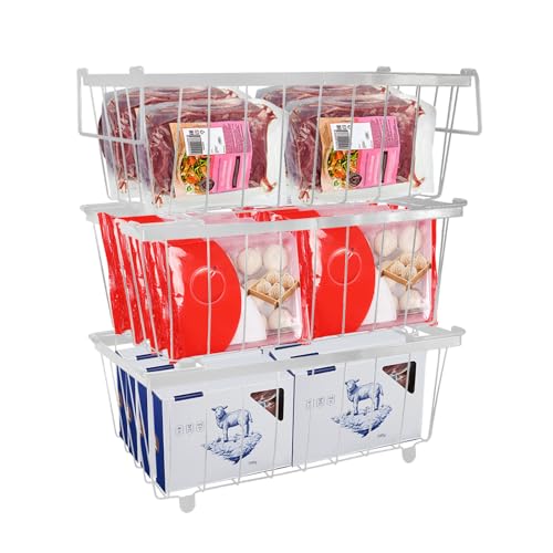 Yallmie 3 Weiß Gefrierschrank Organizer Behälter, 37.2×18×14cm Stapelbar Gefriertruhe Korb mit Griff und Rutschfester Boden, gefrierkorb für 141L-198L Gefriertruhe Organizer, Einfach zum Sortieren von Yallmie