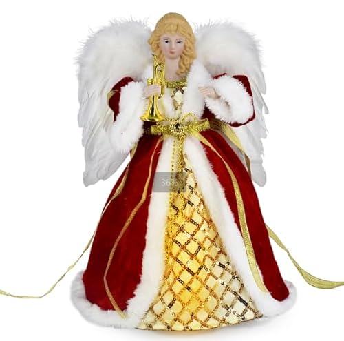 Yallmie 30cm Weihnachtsengel Baumspitze, Christbaumspitze Engel Leuchtet auf Baumspitze Engel, Weihnachtsbaumspitze Engel Stoff Weihnachtsbaum Spitze Engel für Weihnachtsbaum Party Home (Rot) von Yallmie