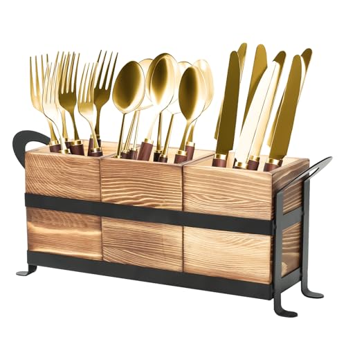 Yallmie 31.1*8.9*14.3cm Besteckhalter Holz, 3 Teiliges Besteckkorb Tisch Organizer, Abnehmbar Utensilienhalter mit Griff und Holzbesteck Metallgestell Löffelhalter, Besteck Organizer Besteckständer von Yallmie