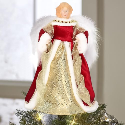 Yallmie 32cm Engel für Weihnachtsbaum, Weihnachtsbaum Spitze Engel Stoff Weihnachtsengel Baumspitze, Christbaumspitze Engel Batteriekontrolle Engel Weihnachtsbaum für Weihnachtsbaumdekoration (Rot) von Yallmie
