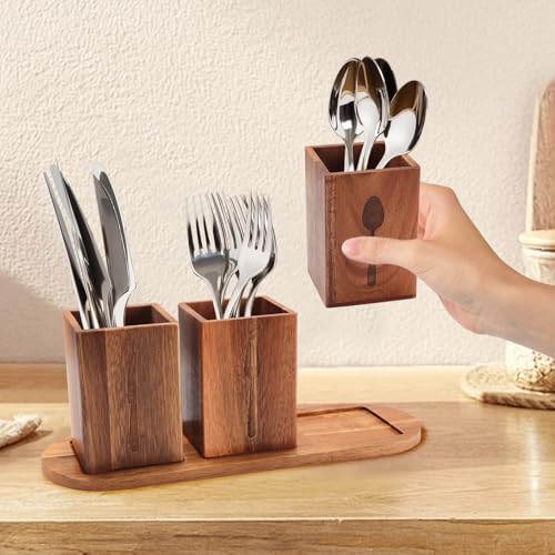 Yallmie 33*11.5cm Holz Besteckhalter, 3 Teiliges Besteckkasten Holz Besteck Organizer, Küchenbesteckständer mit Abnehmbar Boden, Besteckständer für Esstischdeko Besteckbehälter mit Ablaufloch (Braun) von Yallmie