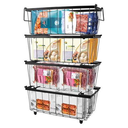 Yallmie 4 Schwarz Gefrierschrank Organizer Behälter, 37.2×18×14cm Stapelbar Gefriertruhe Korb mit Griff und Rutschfester Boden, Gefrierkorb für 141L-198L Gefriertruhe Organizer, Einfach zum Sortieren von Yallmie