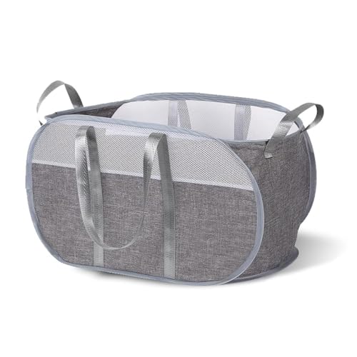 Yallmie 65L Faltbarer Wäschekorb, 56x 33x35cm Pop up Wäschekorb Klappbar mit 4 Griffen, Tragbar Laundry Basket Mesh Aufbewahrungskorb für Kinderzimmer, Wohnheim, Badezimmer, Camping (Grau) von Yallmie