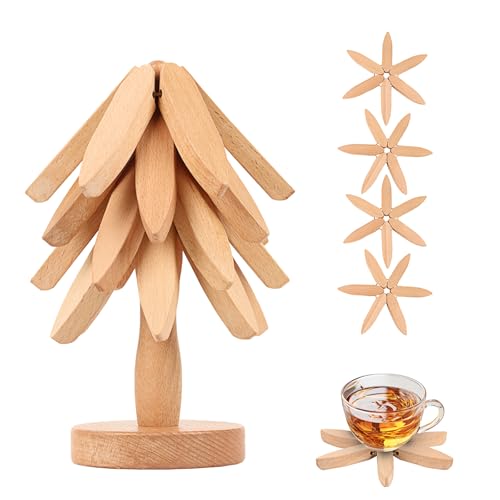 Yallmie 5 Stück Untersetzer Baum Holz, 20*20cm Faltbare Holzuntersetzer Baum, Topfuntersetzer Holz Untersetzer Set Hitzebeständig Trivet Baum Set Wooden Tree Coaster für Töpfe Teekanne (Original Wood) von Yallmie