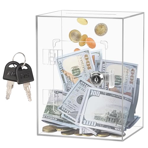 Yallmie Spardose Acryl, 15×12×20cm Acryl Transparente Sparbüchse mit Schlüssel und Schloss, Spardose zum öffnen Sparschwein Spendenbox Durchsichtig Geldsparbox für Kinder und Erwachsene (Klar) von Yallmie