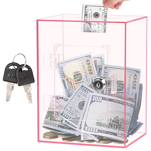 Yallmie Acryl Transparente Sparbüchse, 15×12×20cm Klare Acryl Spardose Sparschwein mit Schlüssel und Schloss, Geldsparbox Spendenbox Abschließbar Losbox Sparbox für Kinder Erwachsene Junge (Rosa) von Yallmie