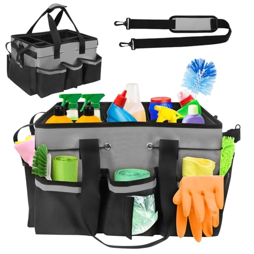 Yallmie Große Reinigungs Caddy Organisator, 40 * 23.5 * 27.5cm Faltbarer Tragbar Putzmittel Organizer mit Griff und 5 Tasche, Wasserdicht Oxford Reinigungstasche Putztasche für Gartenwerkzeuge (Grau) von Yallmie