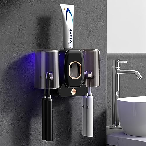 Yallmie UV-Zahnbürste Sanitizer für 4 Zahnbürsten, UV-Zahnbürsten-Desinfektionsmittel mit Automatischer Zahnpastaspender, 1200mah USB Aufladbar UV Desinfektions Zahnbürstenhalter für Bad (Schwarz) von Yallmie