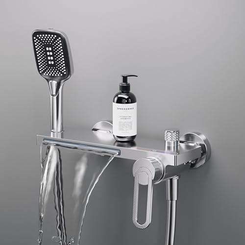 Yalsfowe Badewannenarmatur mit Handbrause, Wasserfall-Badewannenarmatur, Wandmontage badewanne wasserhahn, Einhebel-Wannenarmatur aus Messing, Badezimmer-Badewannenarmatur-Set,Chrome von Yalsfowe