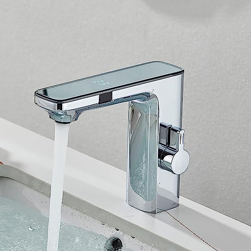 Yalsfowe Badezimmer Wasserhahn mit automatischem Sensor, Temperaturanzeige, berührungsloser Badezimmer-Wasserhahn, Waschbecken-Wasserhahn, Badezimmer-Mischbatterie, Messing Wasserhahn,Chrome von Yalsfowe