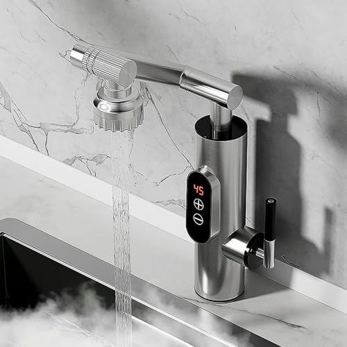 Yalsfowe Elektrischer Wasserhahn mit Durchlauferhitzer, 1080 ° drehbarer Durchlauferhitzer Armatur mit Digitalanzeige Edelstahl, 3300W elektrischer Wasserhahn für Küche und Bad von Yalsfowe