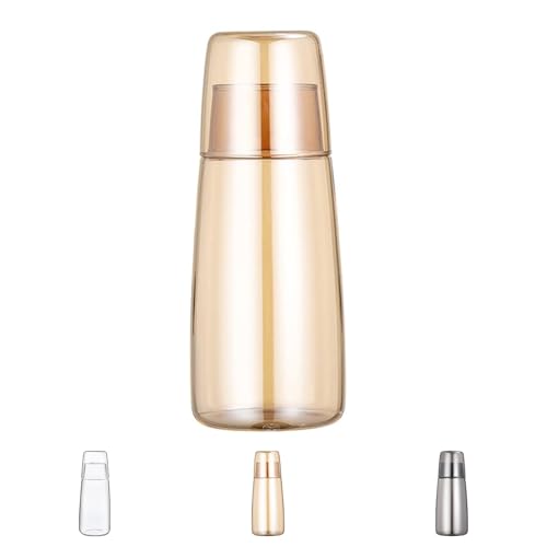 Nachttisch Wasserkaraffe Set mit Becher Glas Nachttasse Set, Mundwasser Flasche Karaffe mit Becher Deckel für Schlafzimmer Nachttisch Bad Küche 25oz/750ml (Gold) von Yalucky