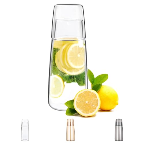 Nachttisch Wasserkaraffe Set mit Becher Glas Nachttasse Set, Mundwasser Flasche Karaffe mit Becher Deckel für Schlafzimmer Nachttisch Bad Küche 25oz/750ml (Transparent) von Yalucky