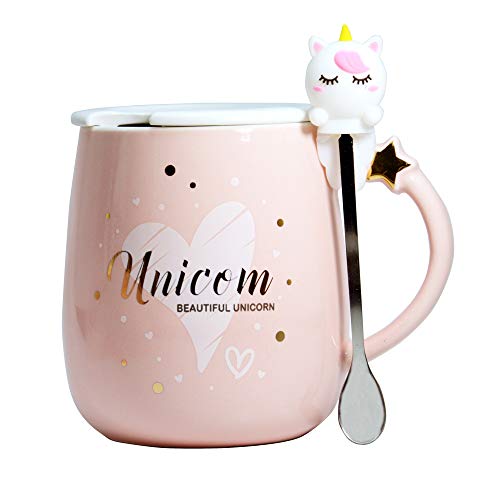 Süße Einhorn Tasse Kawaii Kaffeetassen Kaffeetasse Keramik Teetasse Milchbecher Neuartige Tassen mit Deckel und Löffel Lustige Geschenke für Geburtstag Frauen Mädchen Kinder Spülmaschinenfest von Yalucky