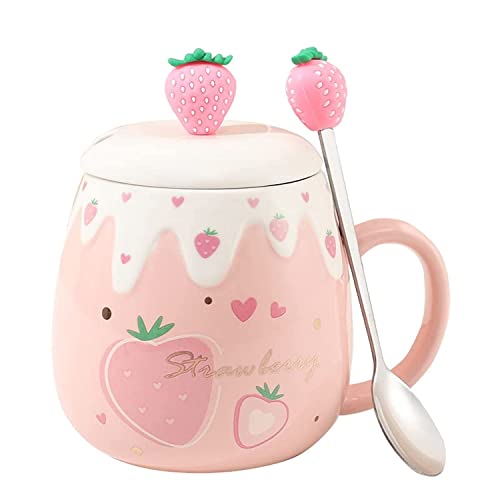 Süße Erdbeerbecher Rosa Kaffeetasse Keramik Kawaii Tasse für Morgentee Milch Obstbecher mit schönem Deckel und Löffel Kreative Neuheit Geburtstag Weihnachten für Liebhaber Mädchen 500ml von Yalucky