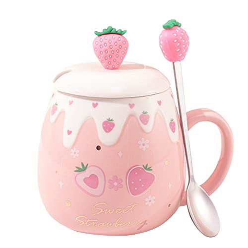 Süße Erdbeerbecher Rosa Kaffeetasse Keramik Kawaii Tasse für Morgentee Milch Obstbecher mit schönem Deckel und Löffel Kreative Neuheit Geburtstag Weihnachten für Liebhaber Mädchen 500ml von Yalucky