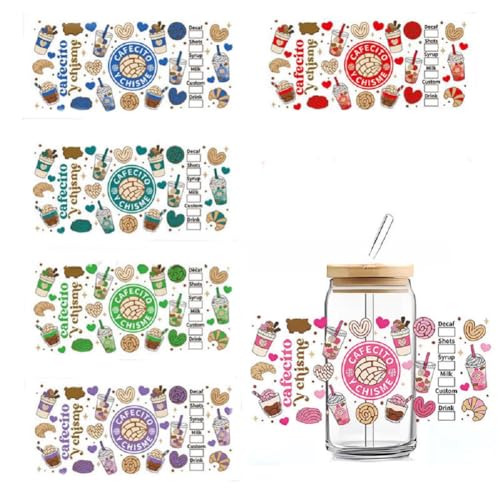 Yalulu 6 Blätter UV DTF Transfer Aufkleber, Kaffee Theme Transfer Sticker Transferfolie für Glas Tassen, Rub on Cup Wrap Transferaufkleber Transfer Decals von Yalulu