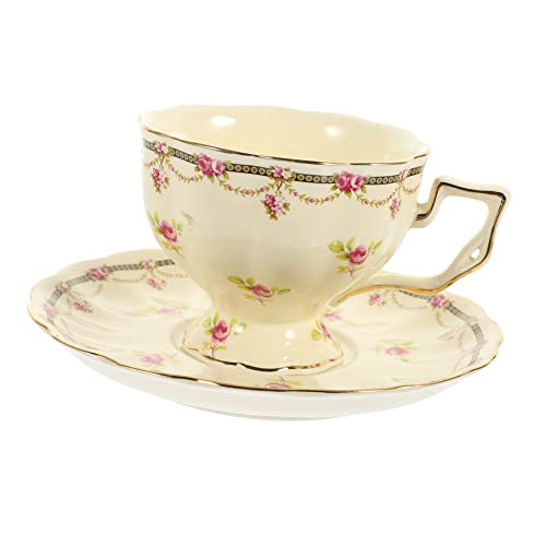 1 Set Tasse Rot mit Bone China Milch Stil Zarte Königliche Becher Tassen Wasserhaus for Macchiato Latte Tee Britische Dekorationsartikel Floral European Vintage Coffee Mom Trim Untertasse Trinkbecher von Yalych