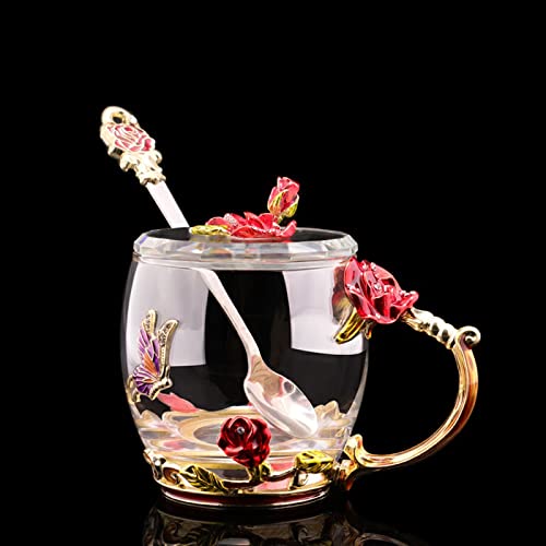 Yalych Handwerk Kristallglas Rote Rose Blume Emaille Becher Bleifreie Teetasse Klare 3D Trinkbecher for Geburtstag Hochzeit Weihnachten Kaffeetasse von Yalych