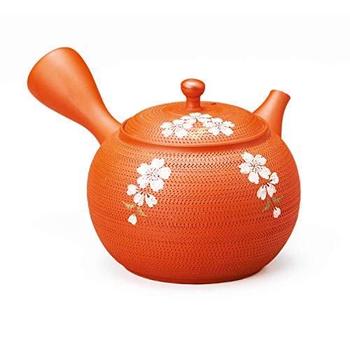 Japanische Teekanne Kyusu rund, Keramik, traditionelle Tokoname, 320 cc, Orange und Kirschblüten Shidarezakura Tamahikari, mit integriertem Filter, hergestellt in Japan von Yamaki ikai