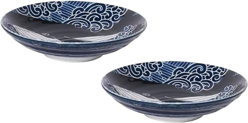 Suppenteller aus japanischer Mino-yaki-Keramik, für Suppe, Salat, Pasta, 22 cm, Motiv Blauwal, 2 Teller, hergestellt in Japan, 797692 von Yamako