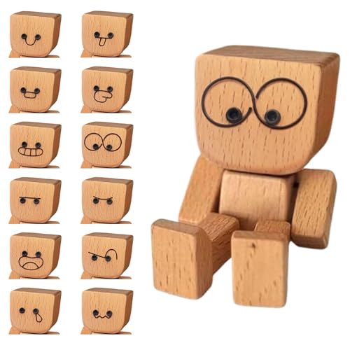 Wackelnde Holzfigur – Handgefertigte Holzpuppe mit Wackelfüßen und 12 Magnetischen Gesichtern – Nachhaltige Auto-Dekoration fürs Armaturenbrett, Schreibtisch & Regal – Holzfigur Geschenk (12pcs) von Yamaler