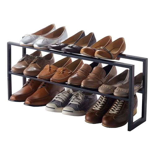 Yamazaki 3191 LINE 2-stöckiges ausziehbares Schuhregal, schwarz, Stahl, minimalistisch, 38 x 15 x 30 cm von YAMAZAKI