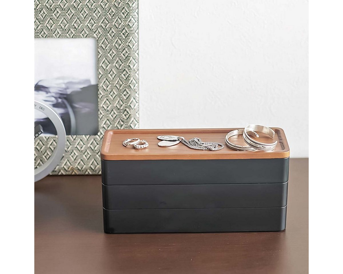 Yamazaki Aufbewahrungsbox Rin" Aufbewahrungsdose 3-tlg. mit Deckel aus Holz 24x11cm, rechteckig, Kunststoffkorpus in weiß matt" von Yamazaki