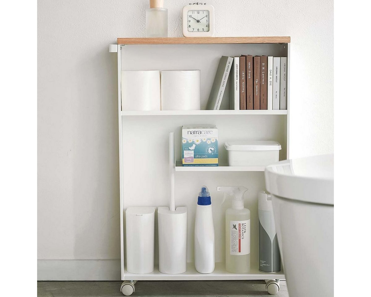 Yamazaki Badregal "Tower" schmal, Toilettenpapier Aufbewahrung WC-Rollen 45x68x13cm, Rollregal, Badwagen, Rollwagen, Regal auf Rollen mit Ablage von Yamazaki