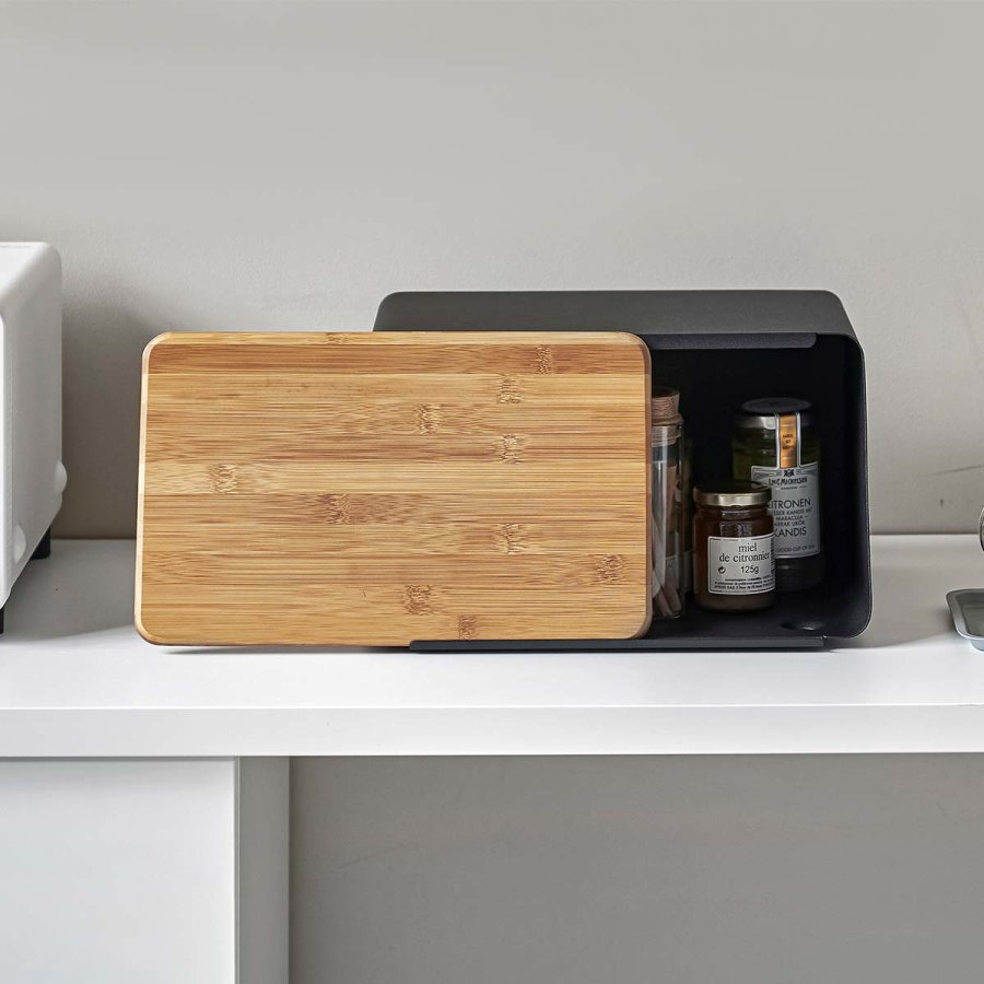 Yamazaki Home Brotkasten in weiß und schwarz 31x18x24cm mit Schneidebrett, modern, skandinavisch, schwarz von Yamazaki