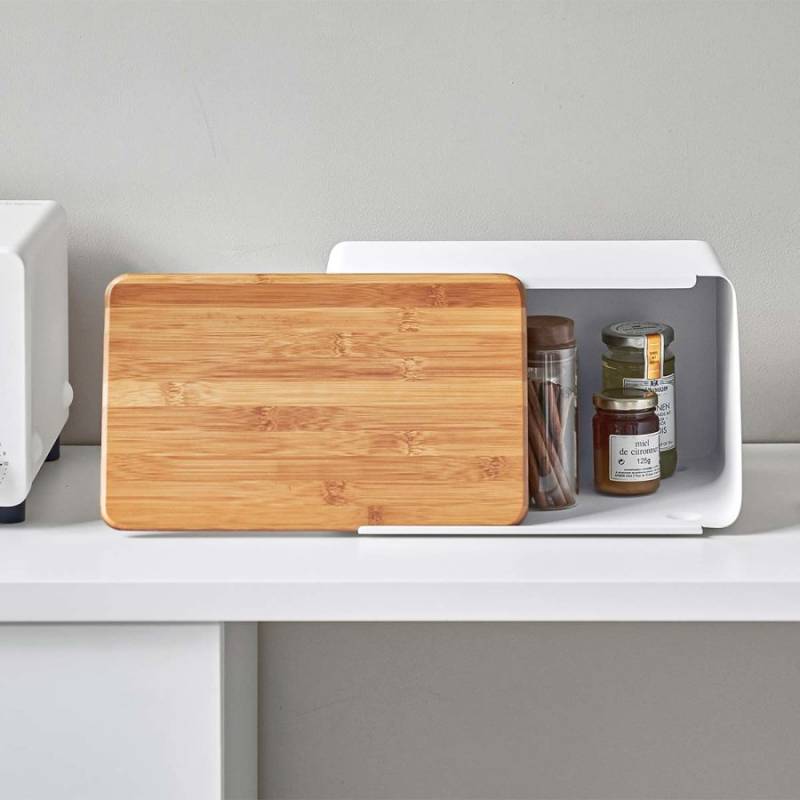 Yamazaki Home Brotkasten in weiß und schwarz 31x18x24cm mit Schneidebrett, modern, skandinavisch, weiß von Yamazaki