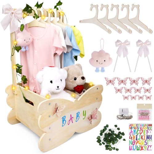 Yamepuia Babyparty Geschenk für Baby,Holz Schmetterling Baby Geschenkkorb mit Griff mit Kleiderbügel Wäscheklammer Tag und Deko ZubehöR,Babyparty Geschenk korb für Schwangere Neue Eltern von Yamepuia