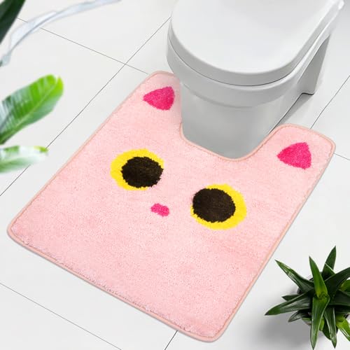 Yamepuia Badematte rutschfest -Wc Vorleger Mit Ausschnitt,Rosa Katze Bathroom Mat,Weich und SaugfäHig Waschbar Wc Teppich FüR Freistehende Toiletten,Rosa- 62x52cm von Yamepuia