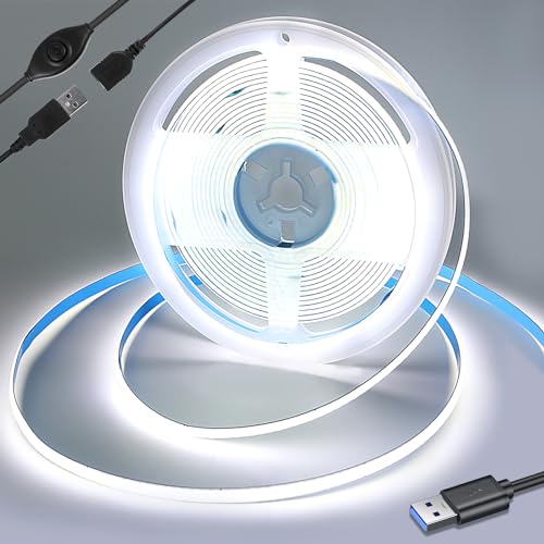 Yamlten 5V COB Led Streifen 6000k Kaltes Weiß mit Schalter,320 LEDs/M Dimmbar LED Strip für TV Hintergrundbeleuchtung,Computer,Schrank,Schlafzimmer DIY LED Band 2m.(Stromversorgung schließt aus) von Yamlten