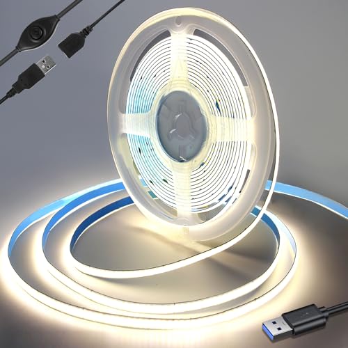 Yamlten 5V COB Led Streifen 0.5m mit Schalter,4000k Middium Weiß,320 LEDs/M Dimmbar LED Strip,LED Band für TV Hintergrundbeleuchtung,Computer,Schrank,Schlafzimmer.(Stromversorgung schließt aus) von Yamlten