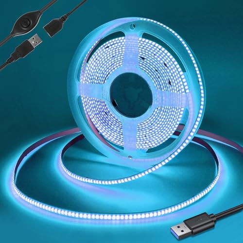 Yamlten 5V COB Led Streifen 2m mit Schalter,Hellblau320 LEDs/M Dimmbar LED Strip,LED Band für TV Hintergrundbeleuchtung,Computer,Schrank,Schlafzimmer.(Stromversorgung schließt aus) von Yamlten