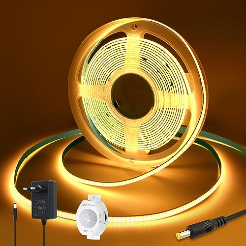 Yamlten LED strip 1m 12V COB LED Streifen mit Bewegungsmelder,Netzadapter,3000k Warmweiss,320 LEDs/M LED Leuchtband,LED Band für TV Hintergrundbeleuchtung,Computer,Schrank,Schlafzimmer. von Yamlten