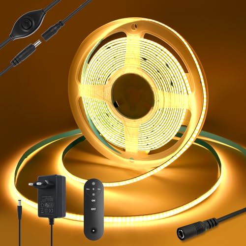 Yamlten LED strip 3m 12V COB LED Streifen mit RF Fernbedienung, Netzadapter,3000k Warmweiss,320 LEDs/M Dimmbar LED Strip,LED Band für TV Hintergrundbeleuchtung,Computer,Schrank,Schlafzimmer. von Yamlten