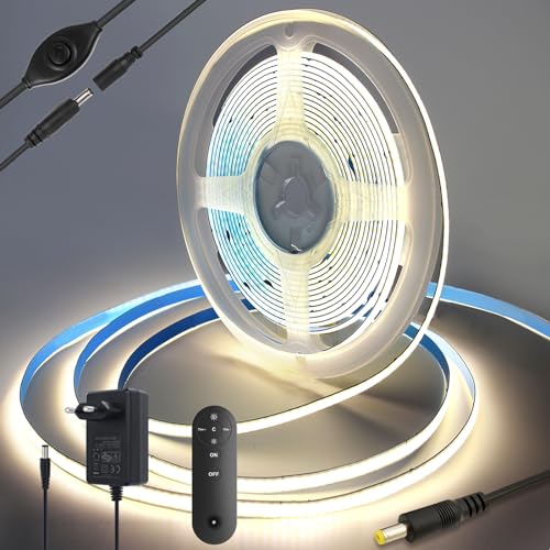 Yamlten LED strip 3m 12V COB LED Streifen mit RF Fernbedienung, Netzadapter,4000k Middium Weiß,320 LEDs/M Dimmbar LED Strip,LED Band für TV Hintergrundbeleuchtung,Computer,Schrank,Schlafzimmer. von Yamlten