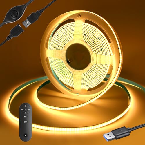 Yamlten LED strip 2m 5V COB LED Streifen mit RF Fernbedienung,3000k Warmweiss,320 LEDs/M Dimmbar LED Strip,LED Band für TV Hintergrundbeleuchtung,Computer,Schrank,Schlafzimmer. von Yamlten