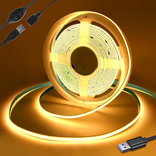 Yamlten 5V COB Led Streifen 1.5m mit Schalter,3000k Warmweiss,320 LEDs/M Dimmbar LED Strip,LED Band für TV Hintergrundbeleuchtung,Computer,Schrank,Schlafzimmer.(Stromversorgung schließt aus) von Yamlten