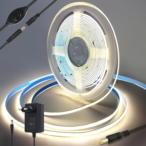 Yamlten 12V COB Led Streifen 4000k Middium Weiß mit Schalter,320 LEDs/M Dimmbar LED Strip für TV Hintergrundbeleuchtung,Computer,Schrank,Schlafzimmer DIY LED Band 2m.(Stromversorgung schließt aus) von Yamlten