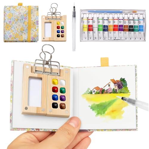 Yamobi Mini Malkasten Aquarell Set, Portable Watercolor Palette Set mit Aquarellpapier Journal, Aquarellpinsel Stiftel, Clip, tragbare Nano Palette für Aquarell, Mischpalette Holz von Yamobi